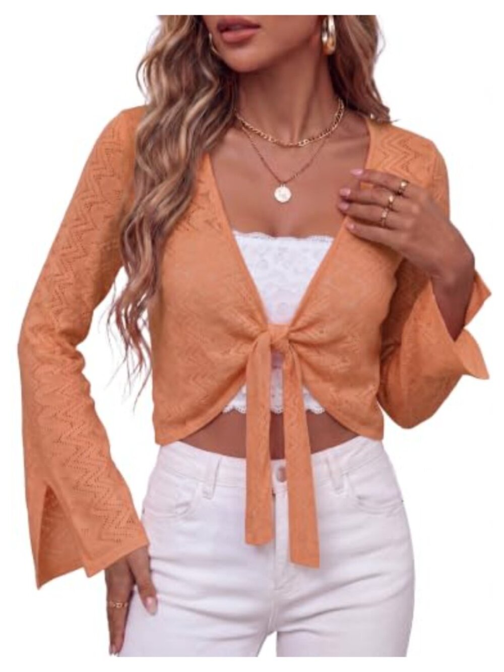 Linen Blend Cropped Cardigan Shrug Long Sleeve V-Neck Button